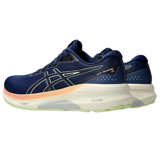 Navy running shoe with white and orange accents on a white background