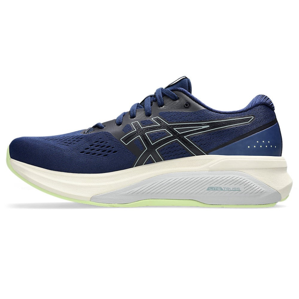 Blue running shoe with white sole on a white background