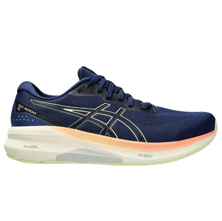 Navy running shoe with white sole on a white background